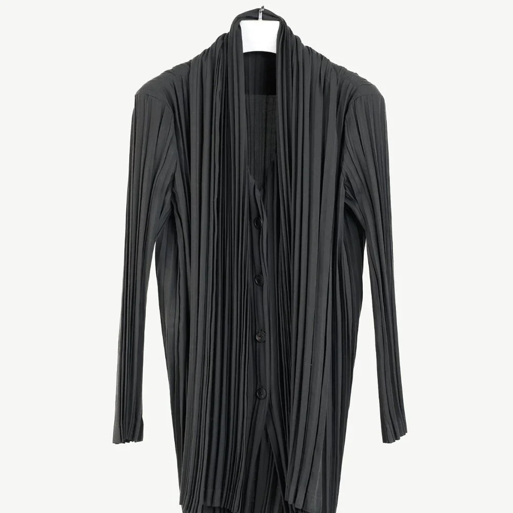 Issey Miyake Archival Rare Grey Pleated Scarf-Collar Button-Front Duster - Picture 1 of 10
